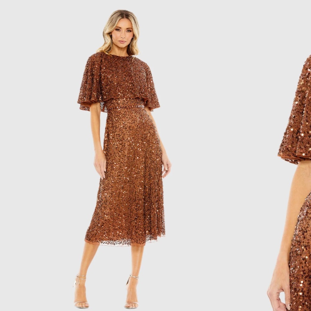 Mac Duggal Embellished Cape High Neck Midi Dress